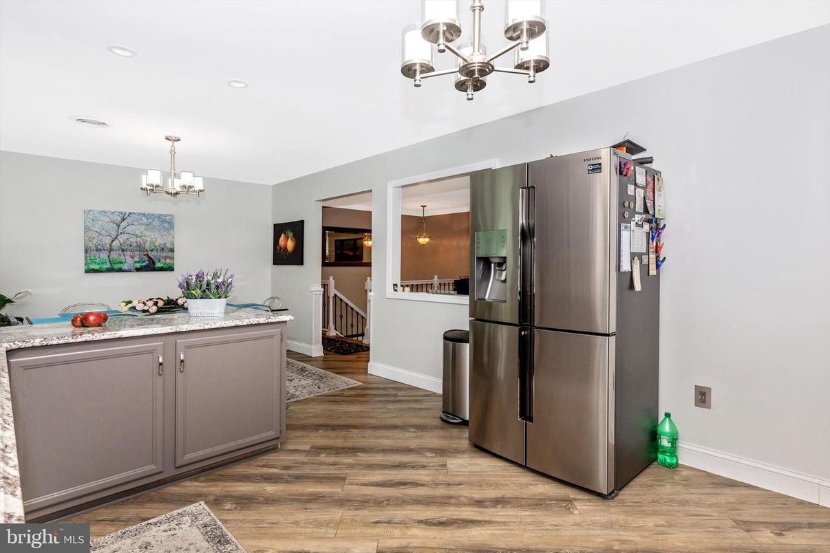Chandelier, Interior, Kitchen, Pendant Lights, Recessed Lighting, Wood Texture Flooring
