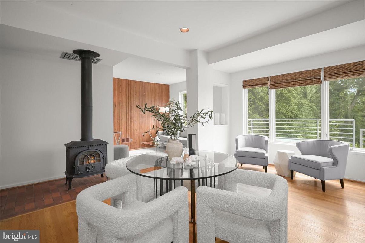 Dining room, Fireplace, Interior, Living room, Recessed Lighting, Wood Texture Flooring