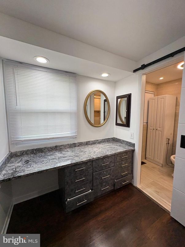 Bathroom, Dual Sink Vanities, Interior, Recessed Lighting, Wood Texture Flooring