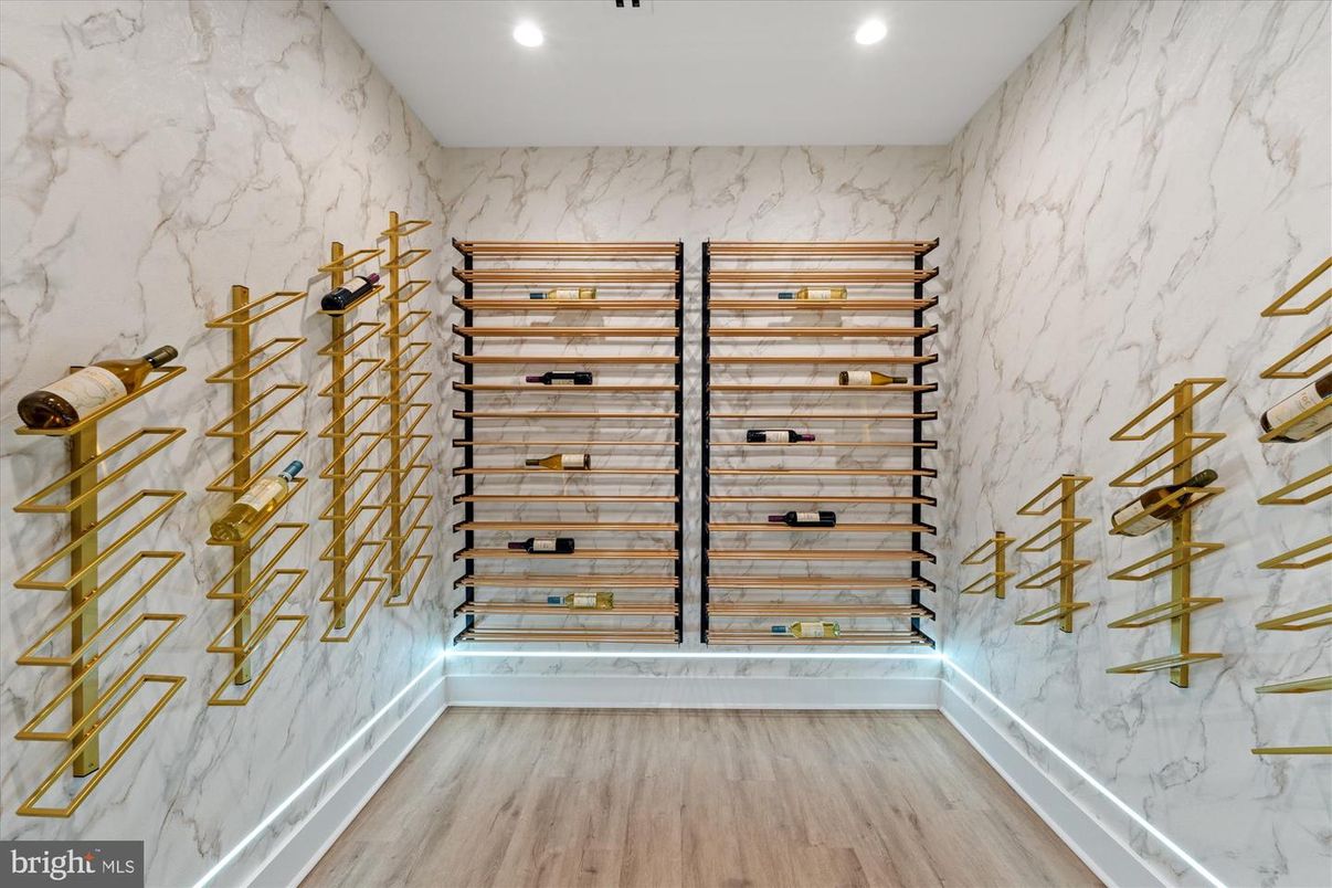 Interior, Marble Walls, Recessed Lighting, Wine Storage, Wood Texture Flooring