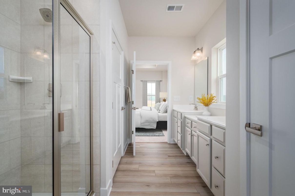 Bathroom, Bedroom, Dual Sink Vanities, Glass Shower, Interior, Wood Texture Flooring