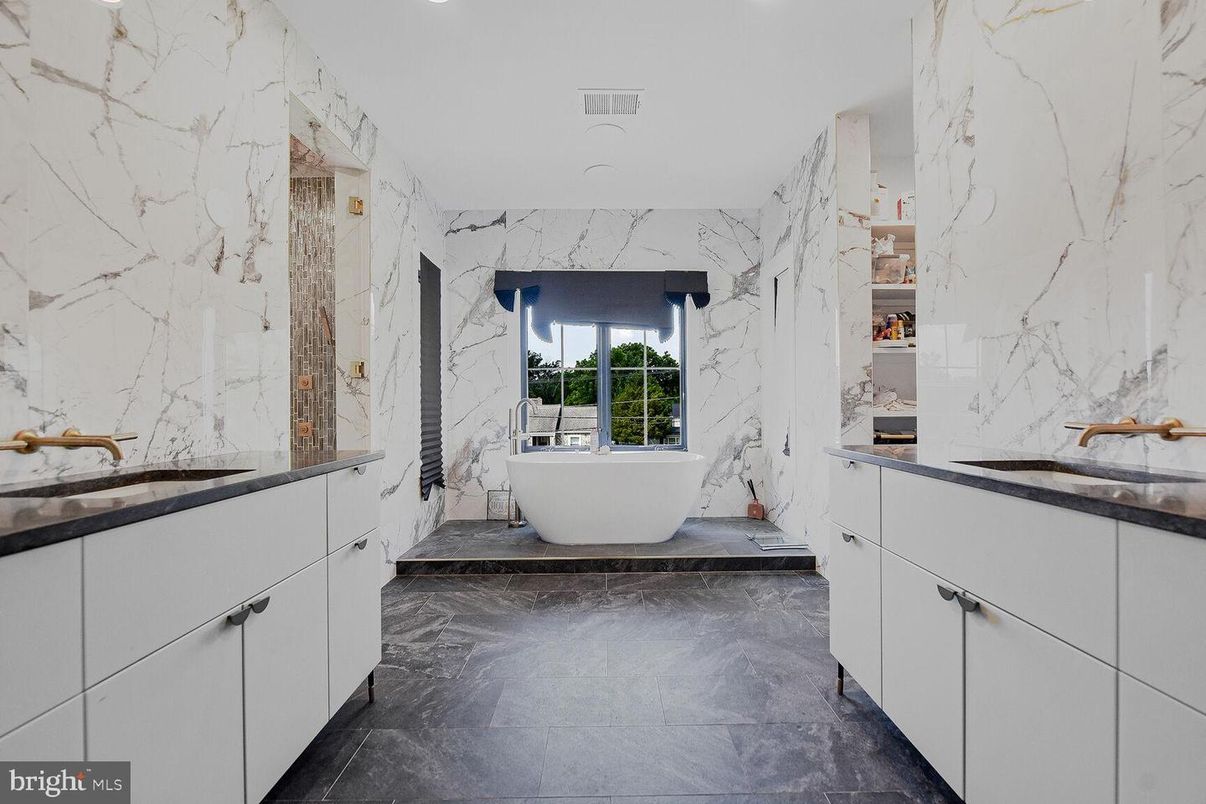 Bathroom, Dual Sink Vanities, Free Standing Baths, Interior, Marble Walls, Recessed Lighting
