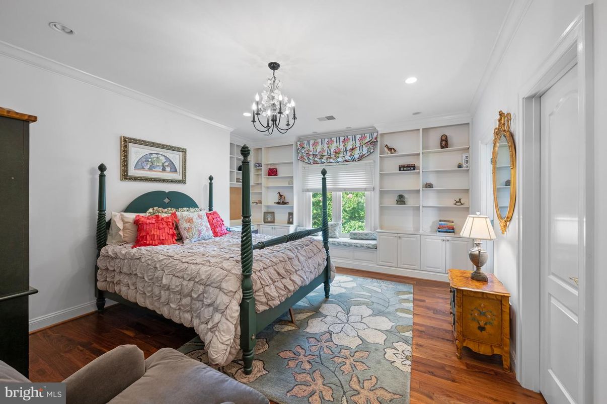 Bedroom, Chandelier, Interior, Recessed Lighting, Wood Texture Flooring