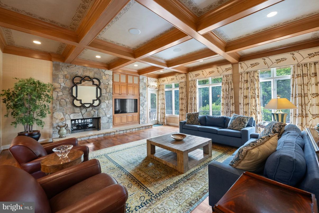 Fireplace, Interior, Living room, Recessed Lighting, Stone Walls, Wooden Beams, Wood Texture Flooring