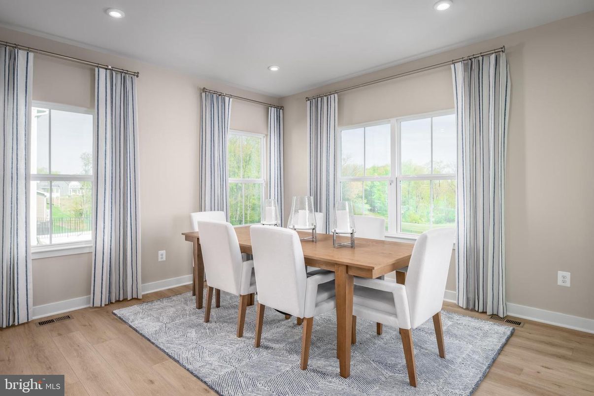 Dining room, Interior, Recessed Lighting, Wood Texture Flooring
