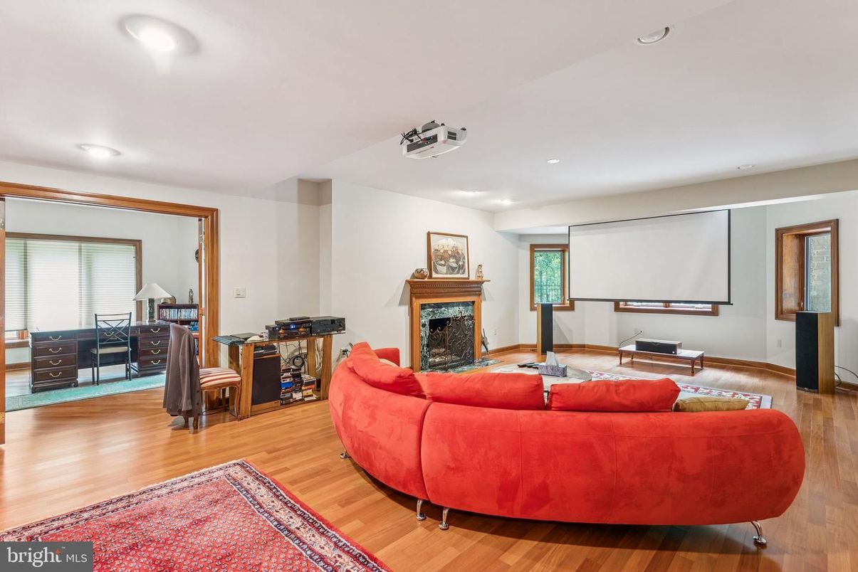 Fireplace, Interior, Living room, Projection Screen, Recessed Lighting, Wood Texture Flooring