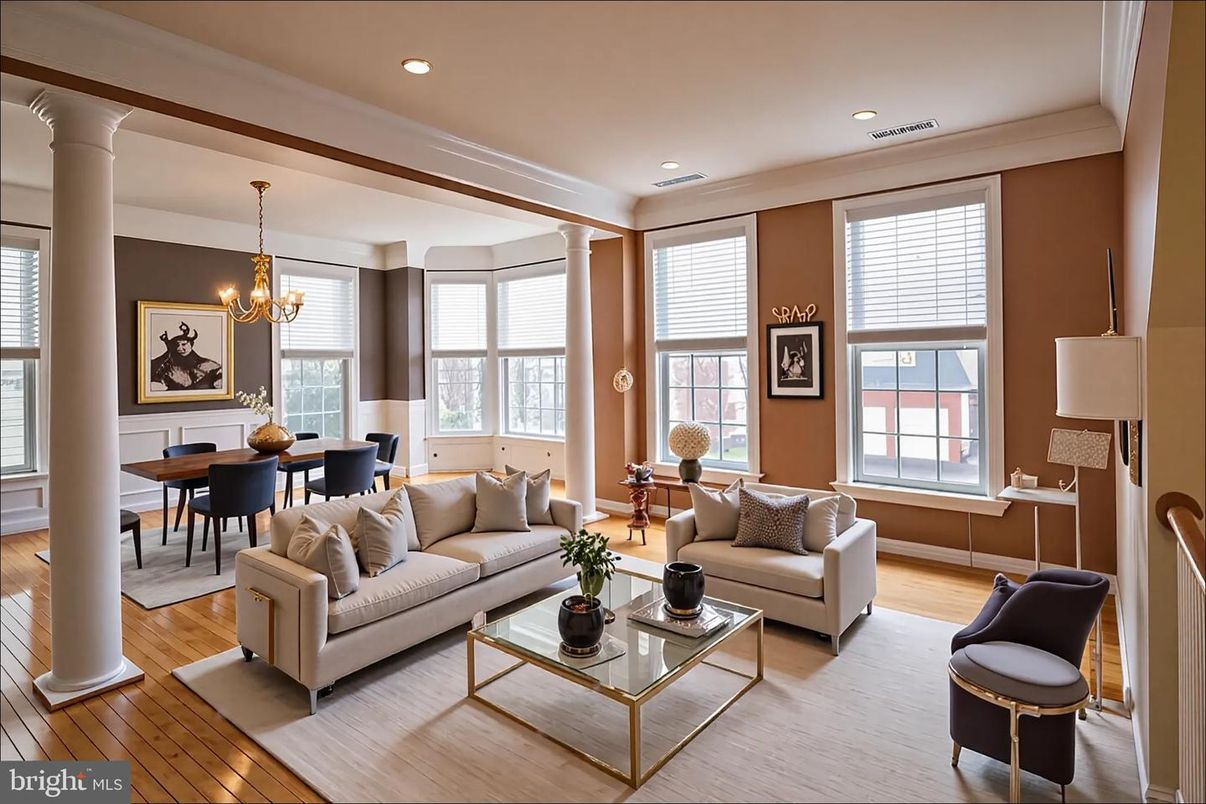 Chandelier, Dining room, Interior, Living room, Recessed Lighting, Wood Texture Flooring