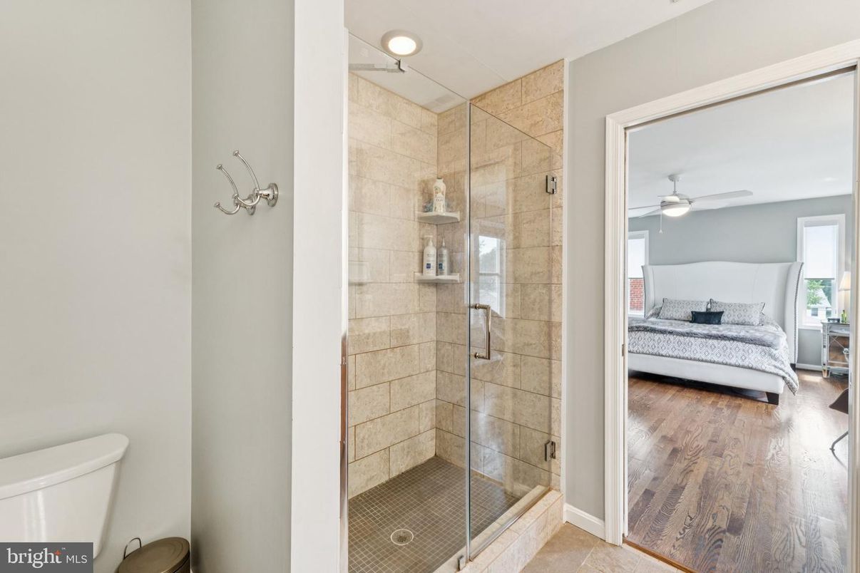 Bathroom, Bedroom, Glass Shower, Interior, Recessed Lighting, Wood Texture Flooring