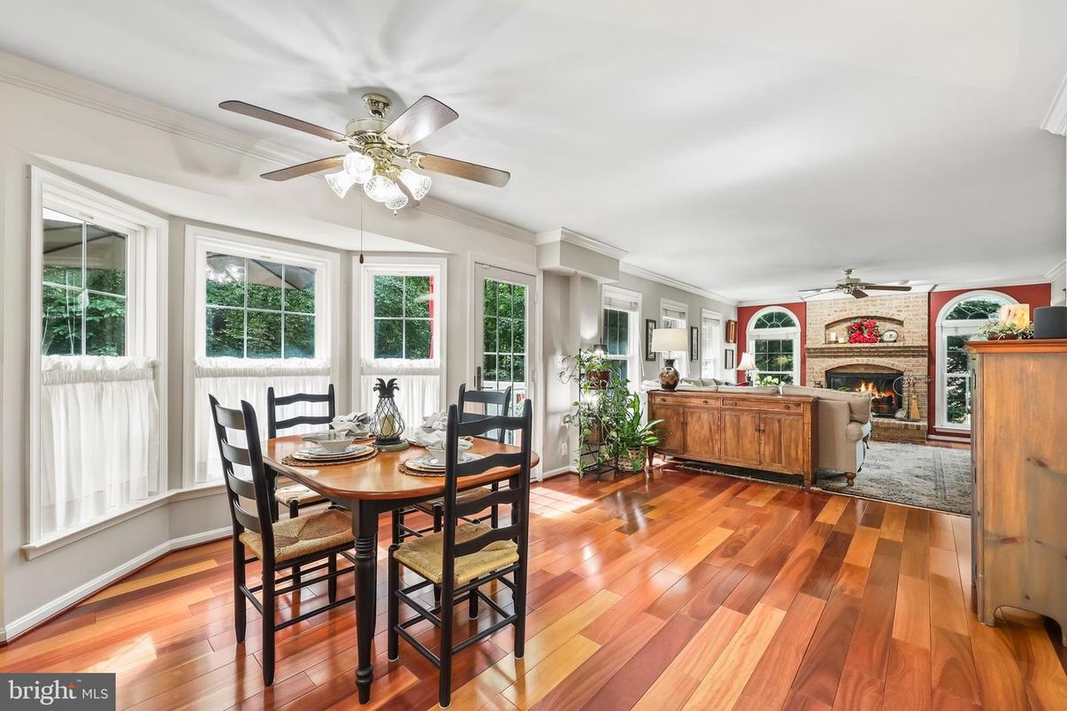Dining room, Fireplace, Interior, Living room, Wood Texture Flooring