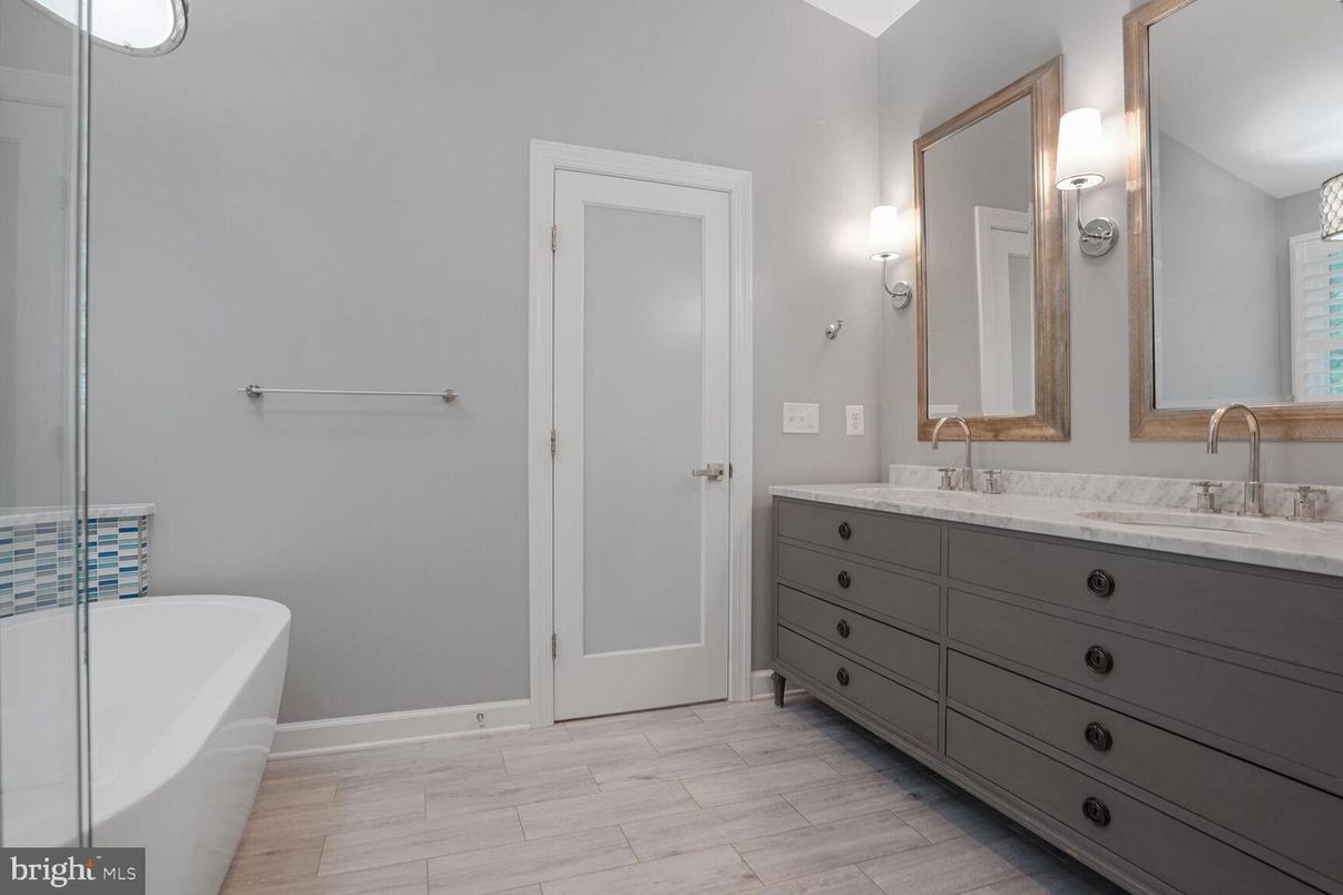 Bathroom, Dual Sink Vanities, Free Standing Baths, Interior, Wood Texture Flooring