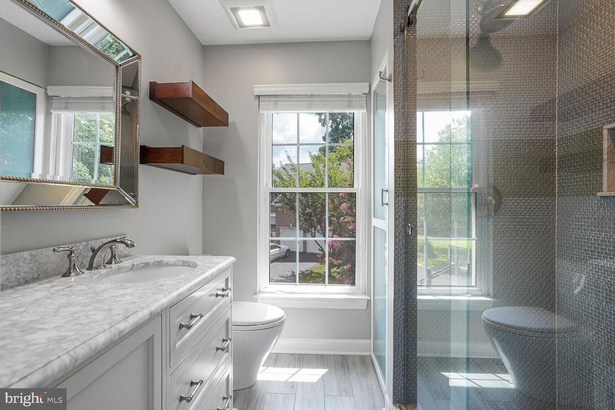 Bathroom, Glass Shower, Interior, Recessed Lighting, Wood Texture Flooring
