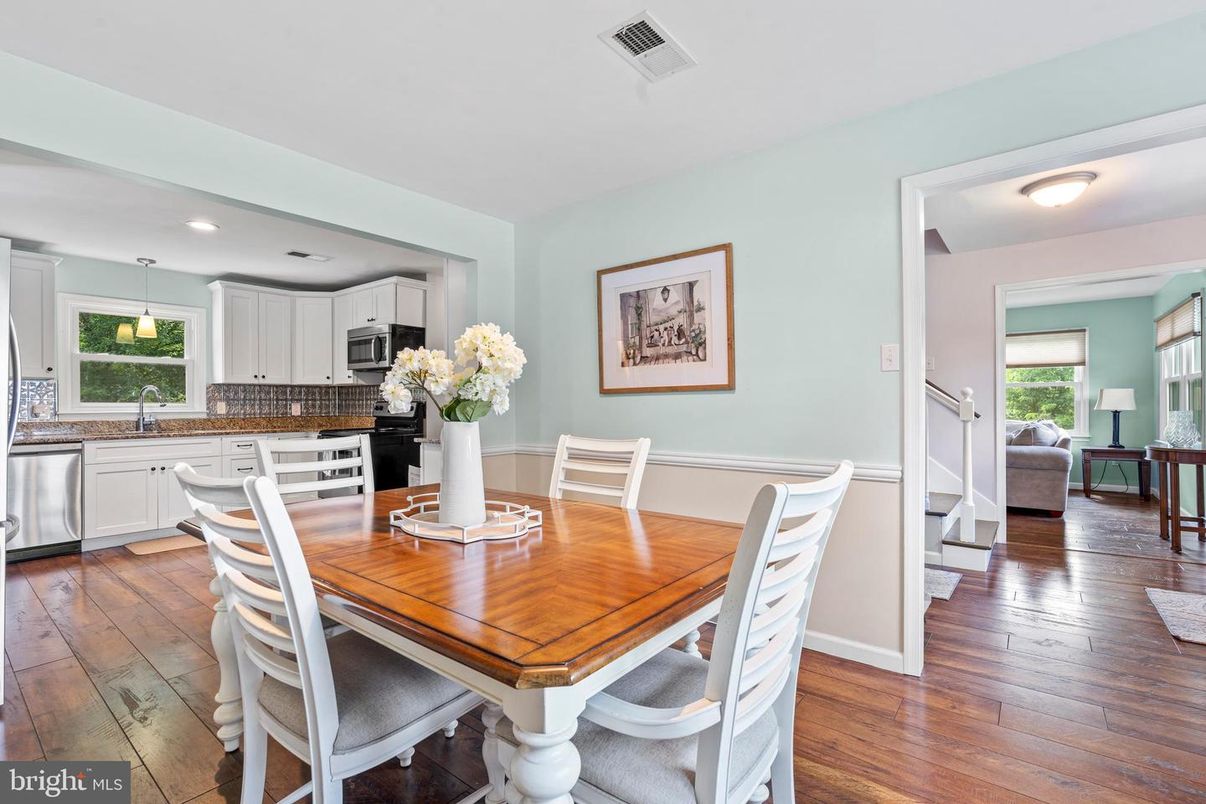 Dining room, Interior, Kitchen, Pendant Lights, Recessed Lighting, Stainless Steel Appliances, Wood Texture Flooring