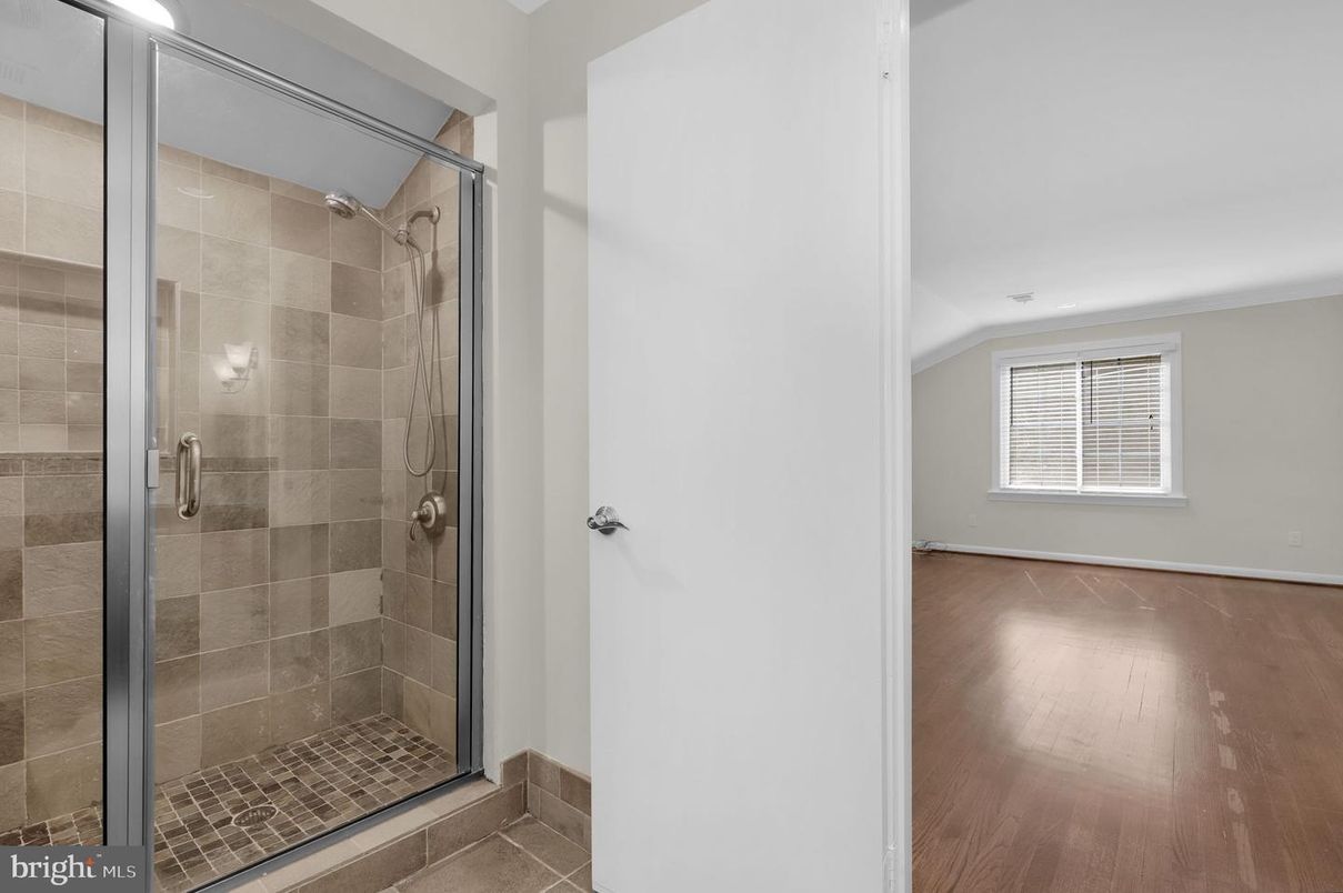 Bathroom, Glass Shower, Interior, Recessed Lighting, Wood Texture Flooring