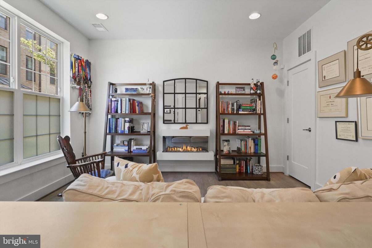 Fireplace, Interior, Living room, Recessed Lighting, Wood Texture Flooring