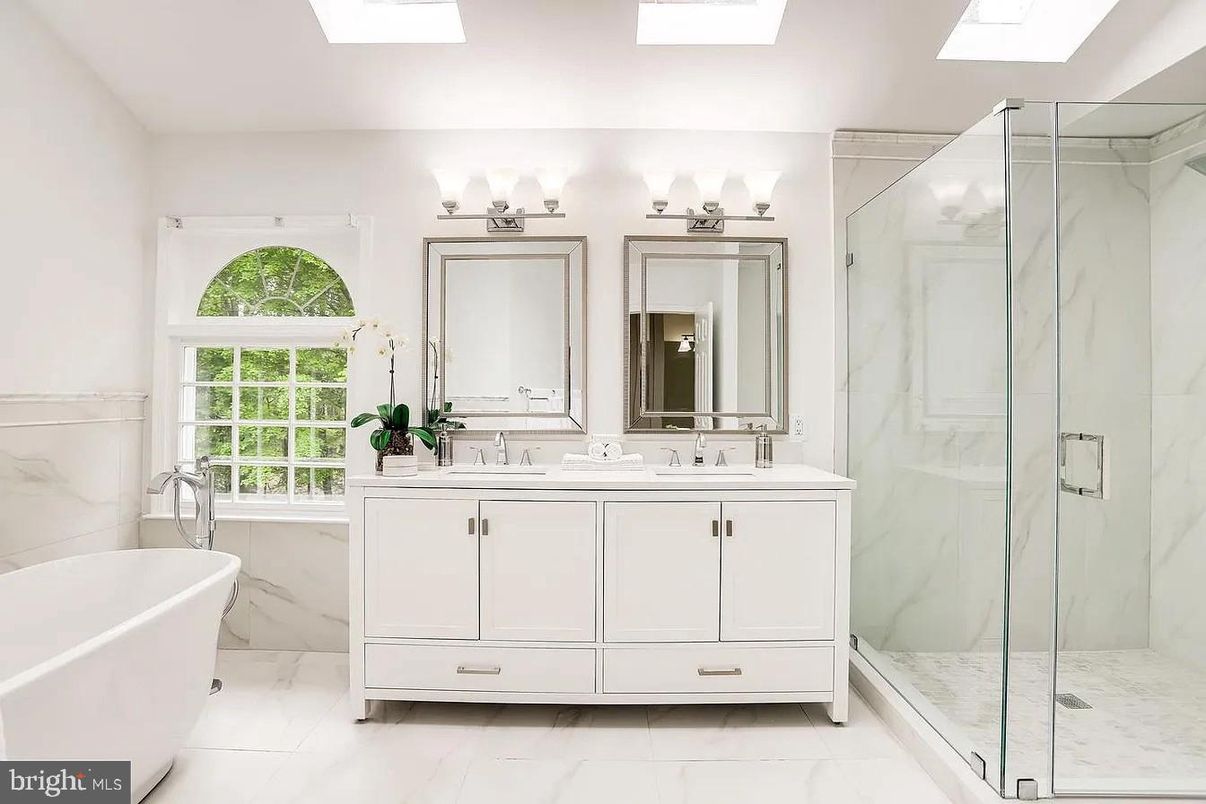 Bathroom, Dual Sink Vanities, Free Standing Baths, Glass Shower, Interior, Marble, Marble Walls
