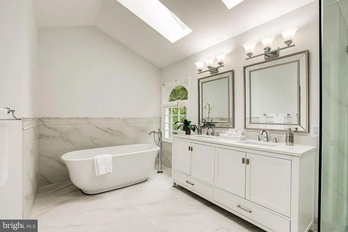Bathroom, Dual Sink Vanities, Free Standing Baths, Interior, Marble, Marble Walls