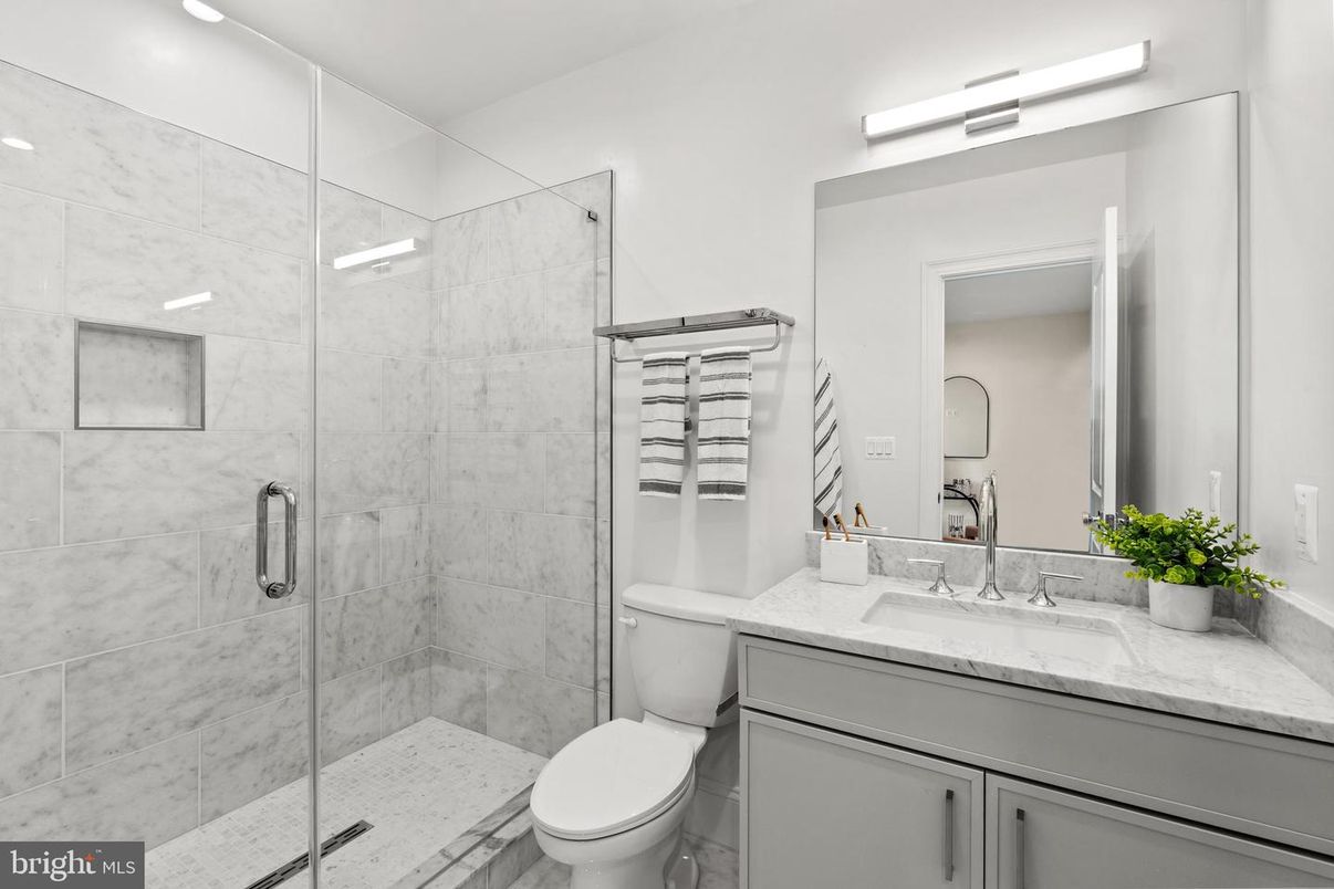 Bathroom, Glass Shower, Interior, Marble Walls, Recessed Lighting