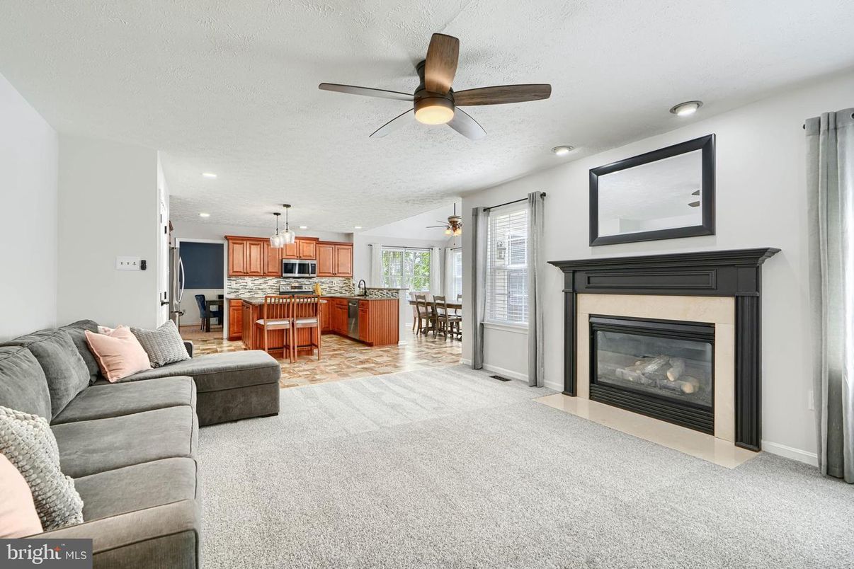 Dining room, Fireplace, Interior, Kitchen, Living room, Pendant Lights, Recessed Lighting