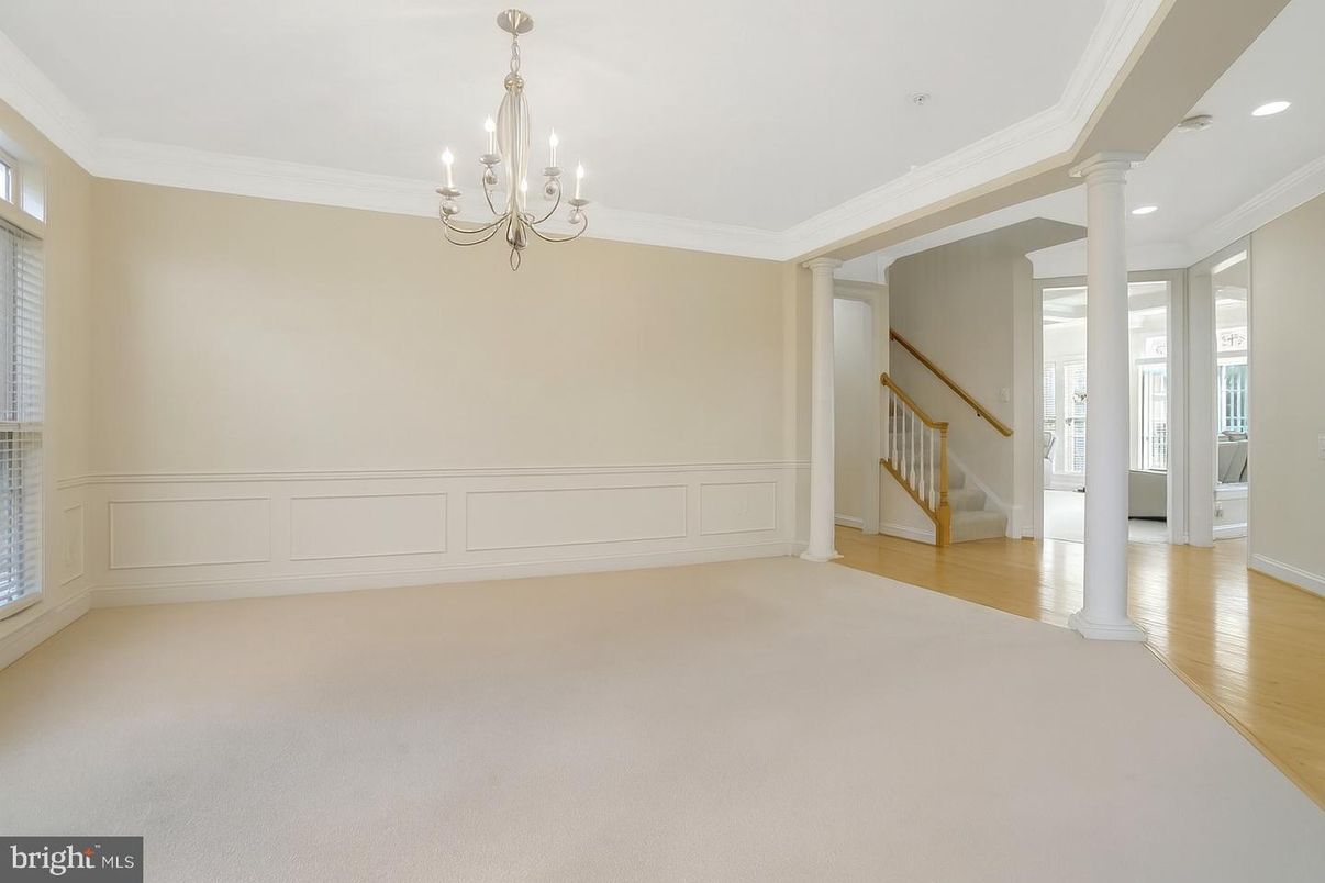 Chandelier, Empty room, Interior, Recessed Lighting, Wood Texture Flooring
