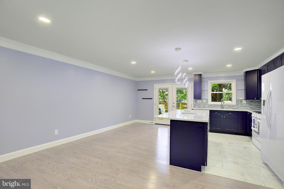 Interior, Kitchen, Marble, Recessed Lighting, Wood Texture Flooring