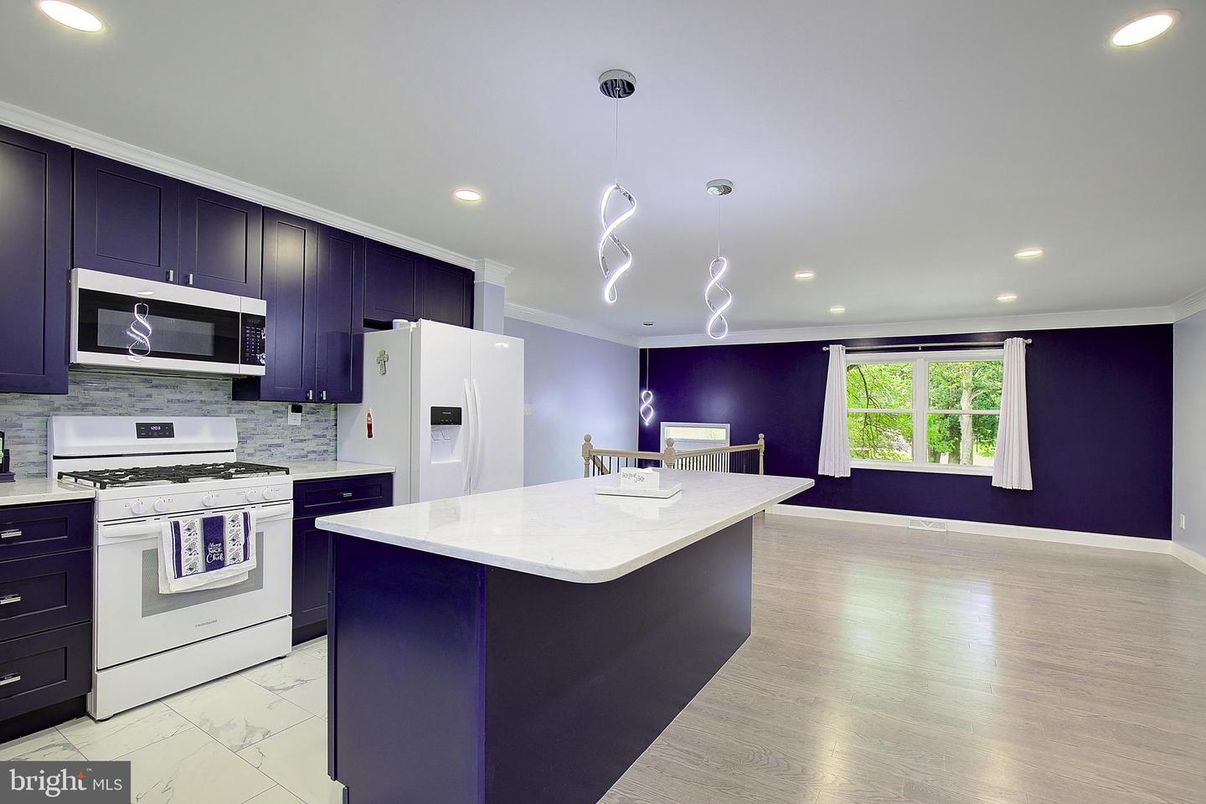 Interior, Kitchen, Marble, Pendant Lights, Recessed Lighting, Stainless Steel Appliances, Wood Texture Flooring