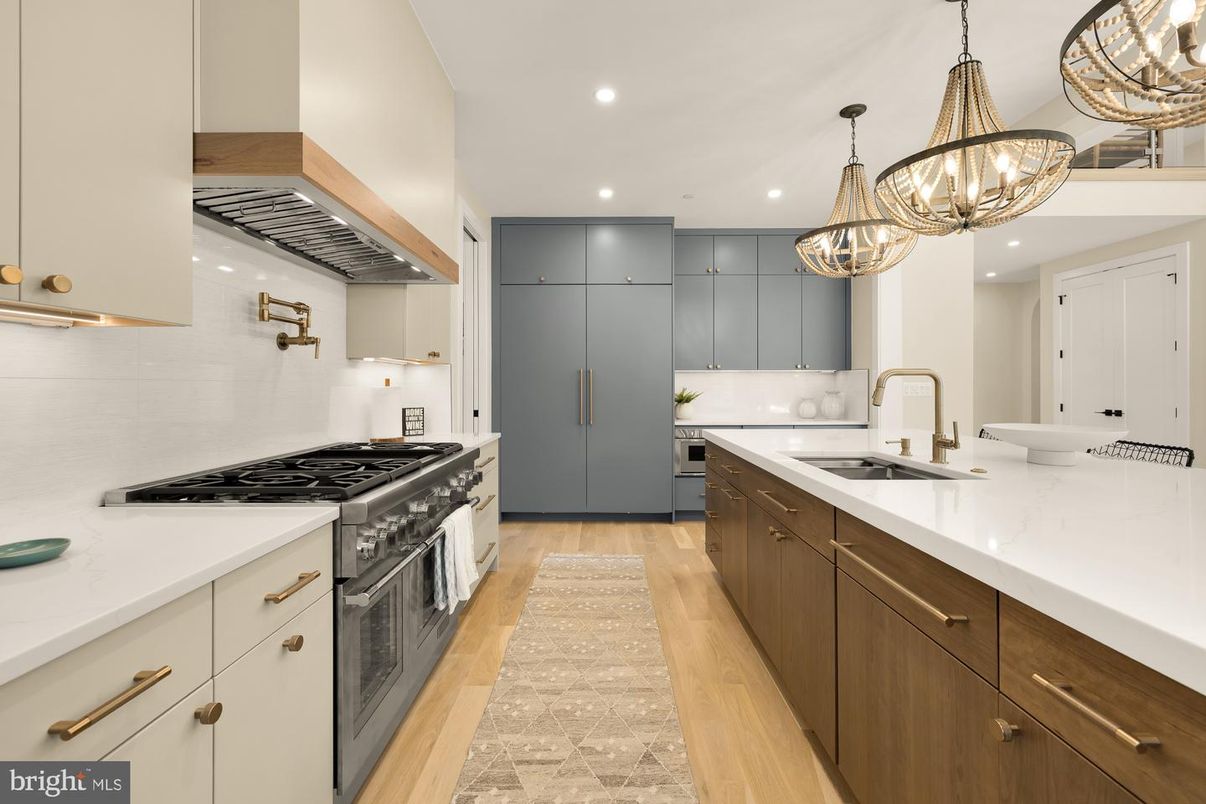 Chandelier, Interior, Kitchen, Pendant Lights, Recessed Lighting, Stainless Steel Appliances, Wood Texture Flooring