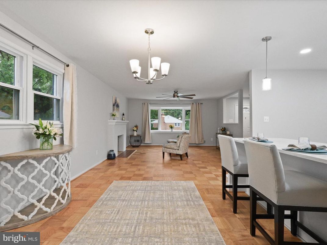 Chandelier, Dining room, Fireplace, Interior, Pendant Lights, Recessed Lighting, Wood Texture Flooring