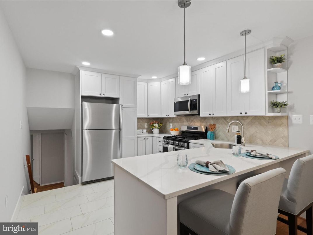 Interior, Kitchen, Marble, Pendant Lights, Recessed Lighting, Stainless Steel Appliances