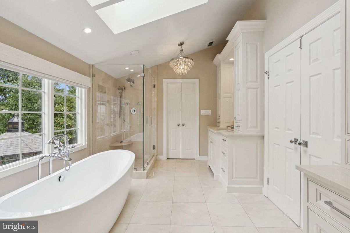 Bathroom, Chandelier, Free Standing Baths, Glass Shower, Interior, Recessed Lighting