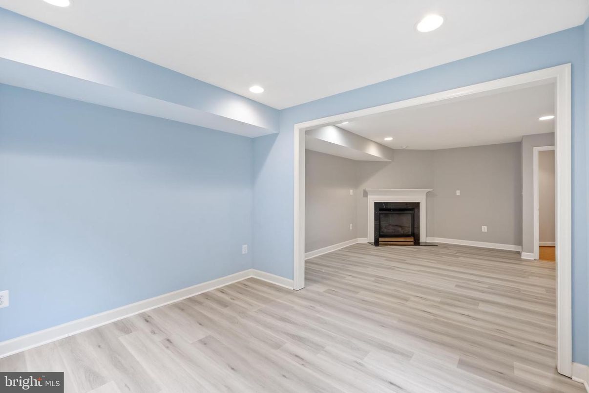 Empty room, Fireplace, Interior, Recessed Lighting, Wood Texture Flooring