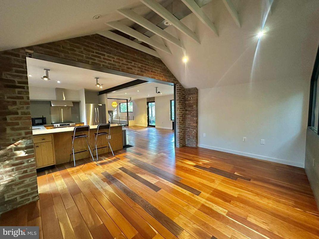Interior, Kitchen, Recessed Lighting, Stone Walls, Wood Texture Flooring