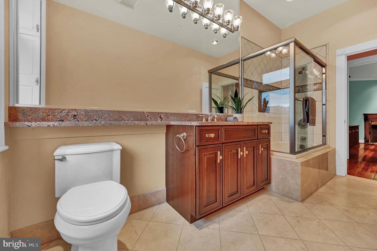 Bathroom, Glass Shower, Interior, Recessed Lighting, Wood Texture Flooring