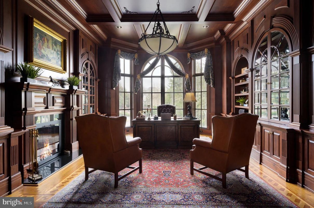 Fireplace, Home Office, Interior, Pendant Lights, Recessed Lighting, Wooden Beams, Wooden Ceilings, Wood Texture Flooring