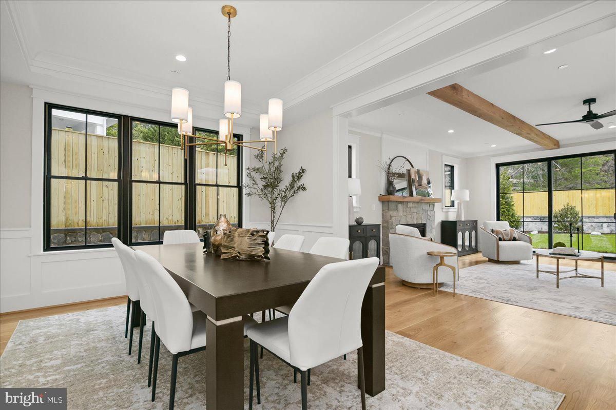 Dining room, Fireplace, Interior, Living room, Pendant Lights, Recessed Lighting, Wooden Beams, Wood Texture Flooring