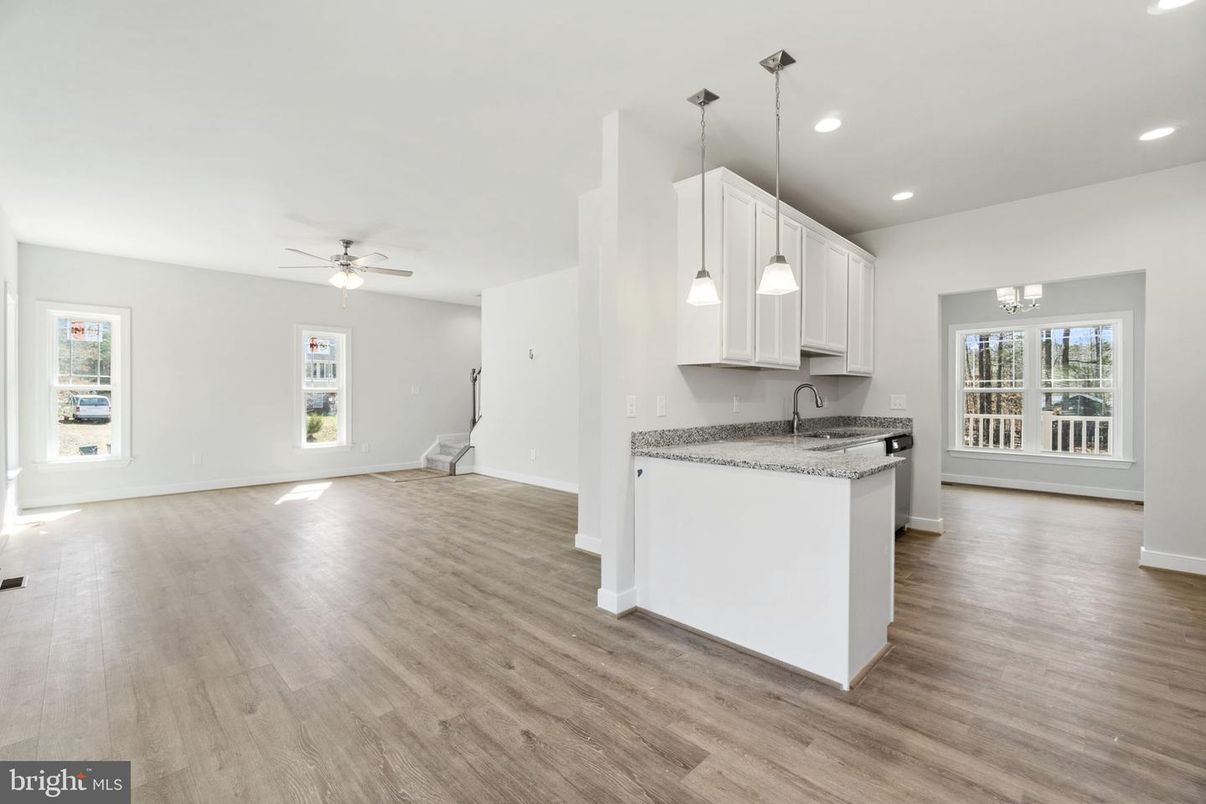 Empty room, Interior, Kitchen, Pendant Lights, Recessed Lighting, Wood Texture Flooring