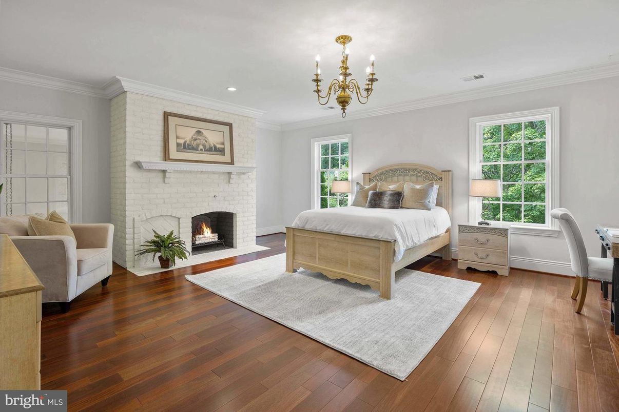 Bedroom, Chandelier, Fireplace, Interior, Recessed Lighting, Wood Texture Flooring