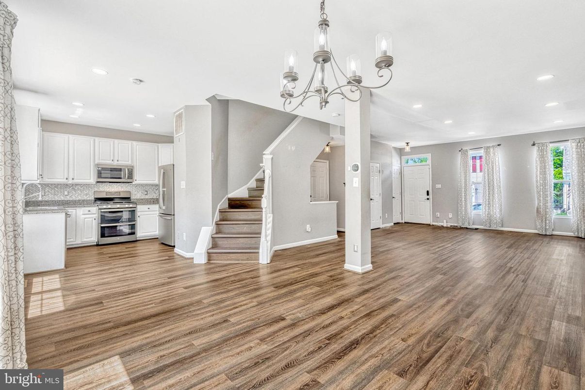 Chandelier, Interior, Kitchen, Recessed Lighting, Stainless Steel Appliances, Wood Texture Flooring