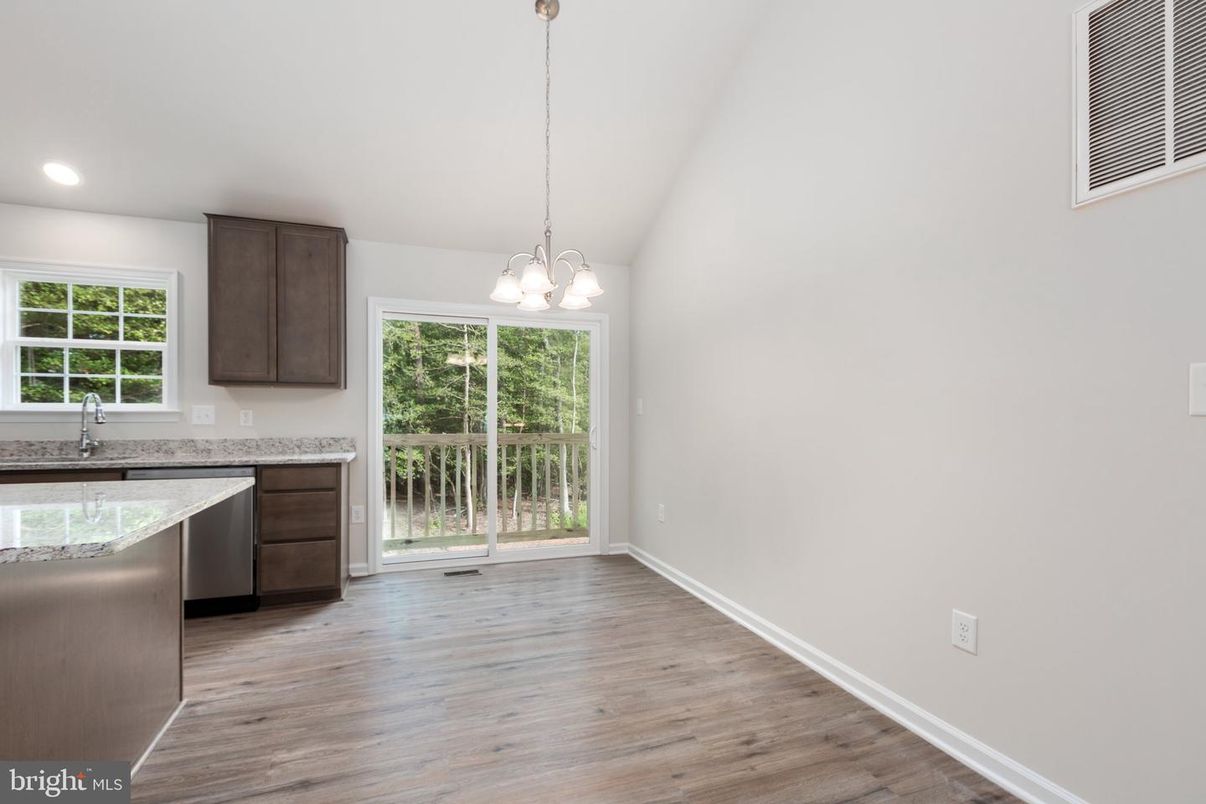 Chandelier, Empty room, Interior, Kitchen, Pendant Lights, Recessed Lighting, Wood Texture Flooring