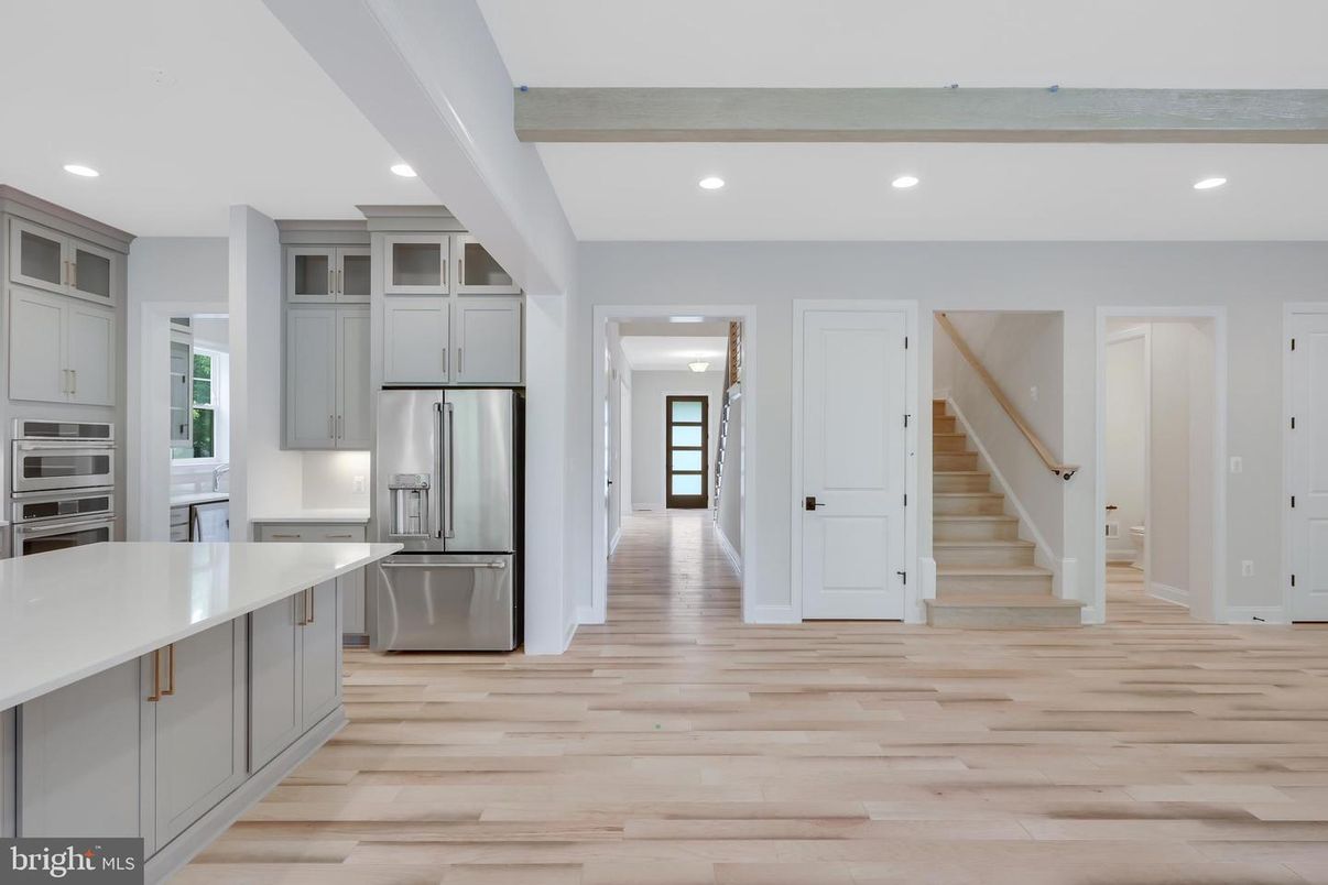 Interior, Kitchen, Recessed Lighting, Stainless Steel Appliances, Wooden Beams, Wood Texture Flooring