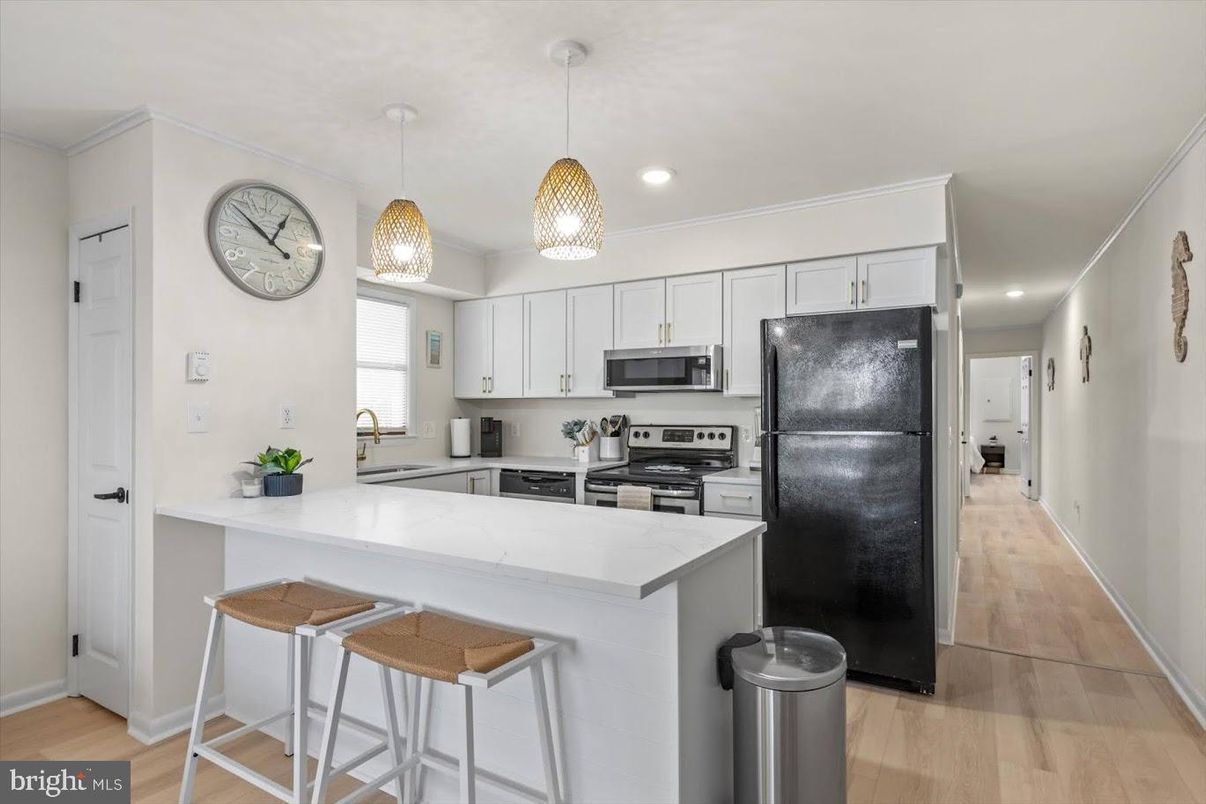 Interior, Kitchen, Pendant Lights, Recessed Lighting, Stainless Steel Appliances, Wood Texture Flooring