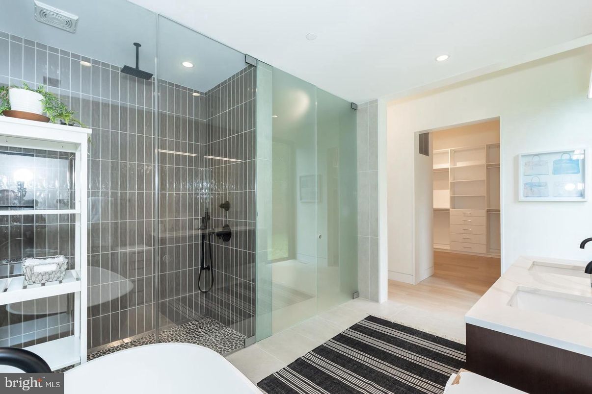 Bathroom, Glass Shower, Interior, Recessed Lighting, Wood Texture Flooring