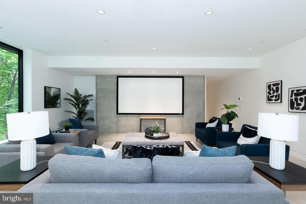 Interior, Living room, Projection Screen, Recessed Lighting, Wood Texture Flooring