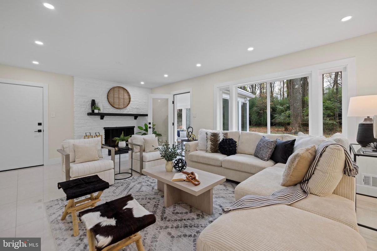 Fireplace, Interior, Living room, Recessed Lighting, Stone Walls