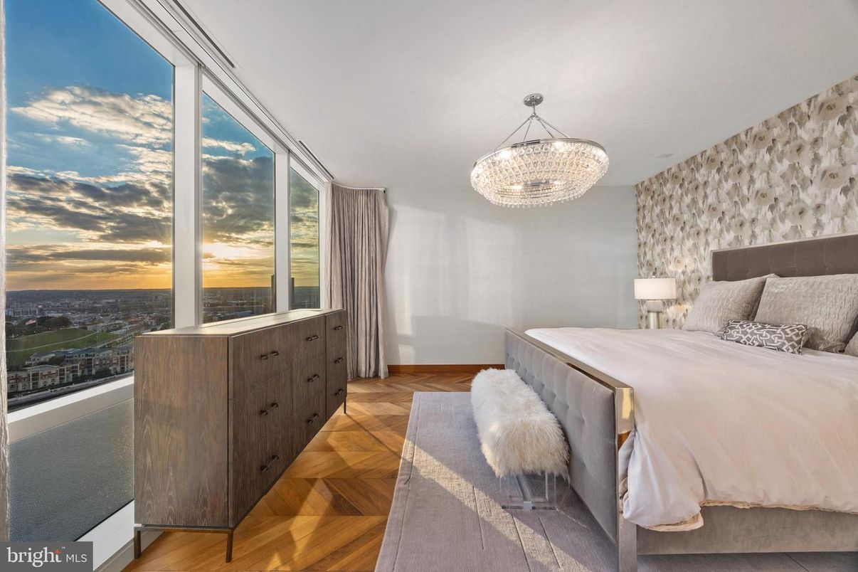 Bedroom, Chandelier, Interior, Wood Texture Flooring