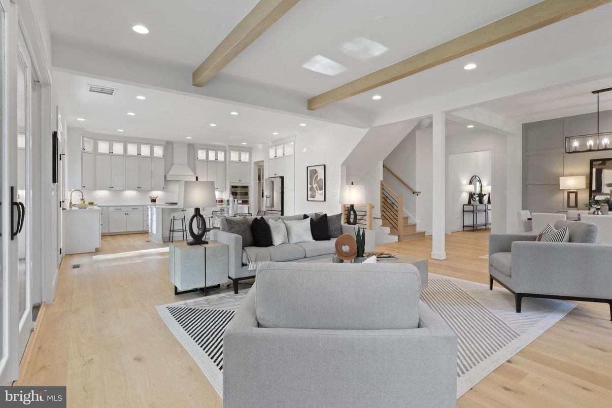 Interior, Kitchen, Living room, Pendant Lights, Recessed Lighting, Stainless Steel Appliances, Wooden Beams, Wood Texture Flooring