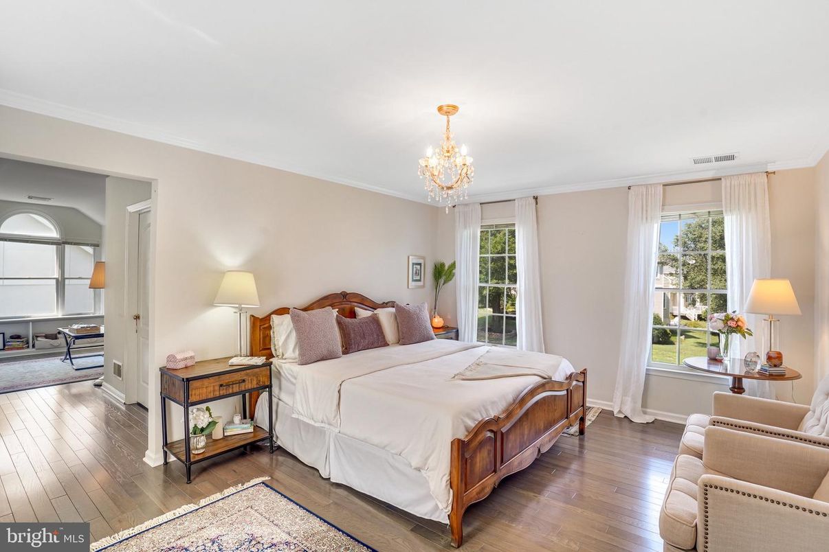 Bedroom, Chandelier, Interior, Wood Texture Flooring