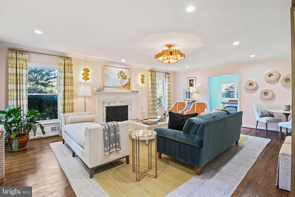 Chandelier, Fireplace, Interior, Living room, Recessed Lighting, Wood Texture Flooring