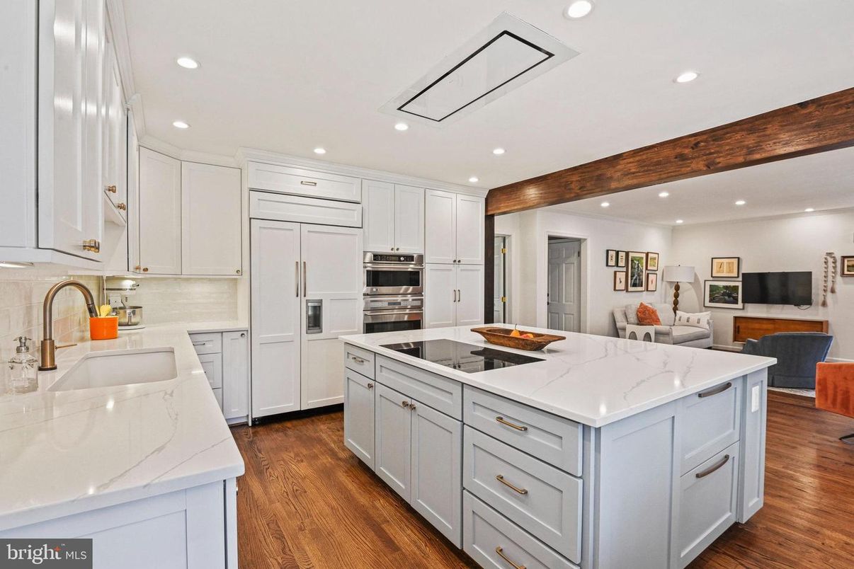 Interior, Kitchen, Recessed Lighting, Stainless Steel Appliances, Wooden Beams, Wood Texture Flooring