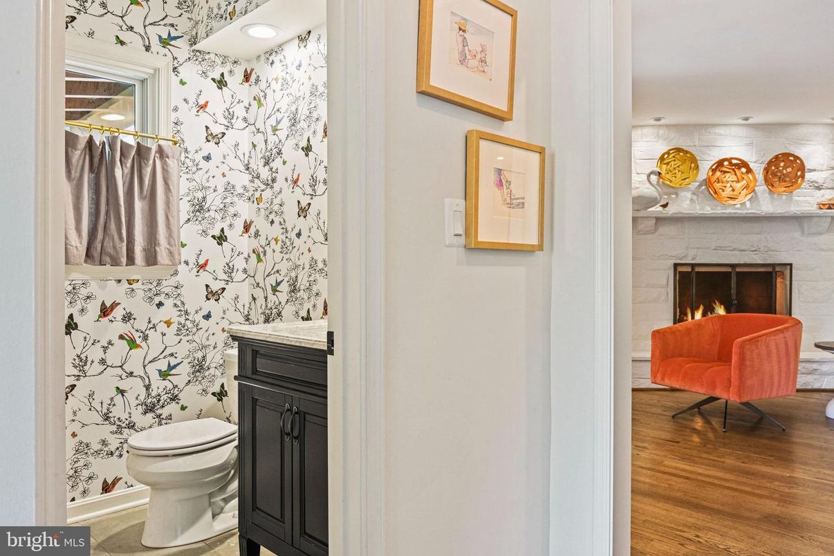 Bathroom, Fireplace, Interior, Recessed Lighting, Wood Texture Flooring