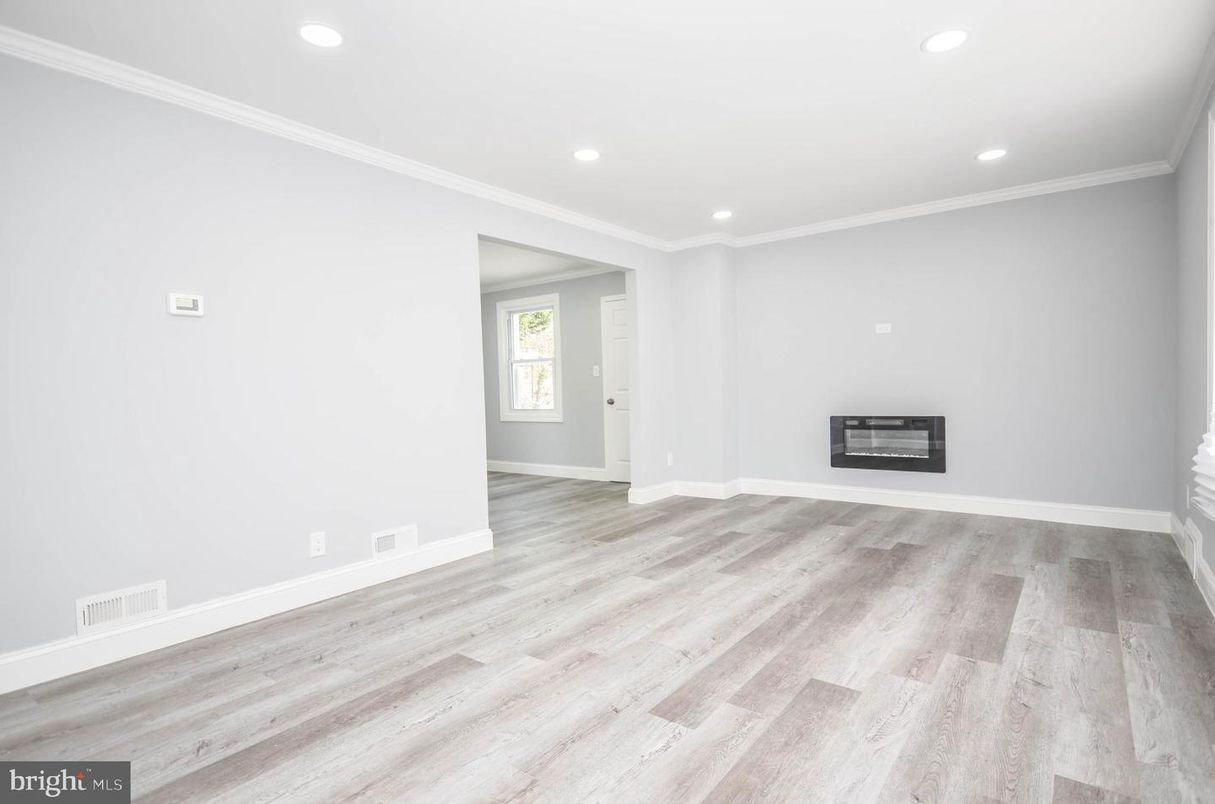 Empty room, Fireplace, Interior, Recessed Lighting, Wood Texture Flooring